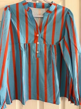 Blue and Orange Vertical Stripe Button Front Blouse